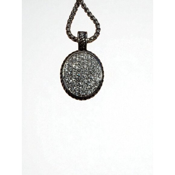 Silver-Tone Pendant Necklace With Rhinestone Pave Round Charm 18" Adjustable Cha - Picture 6 of 8